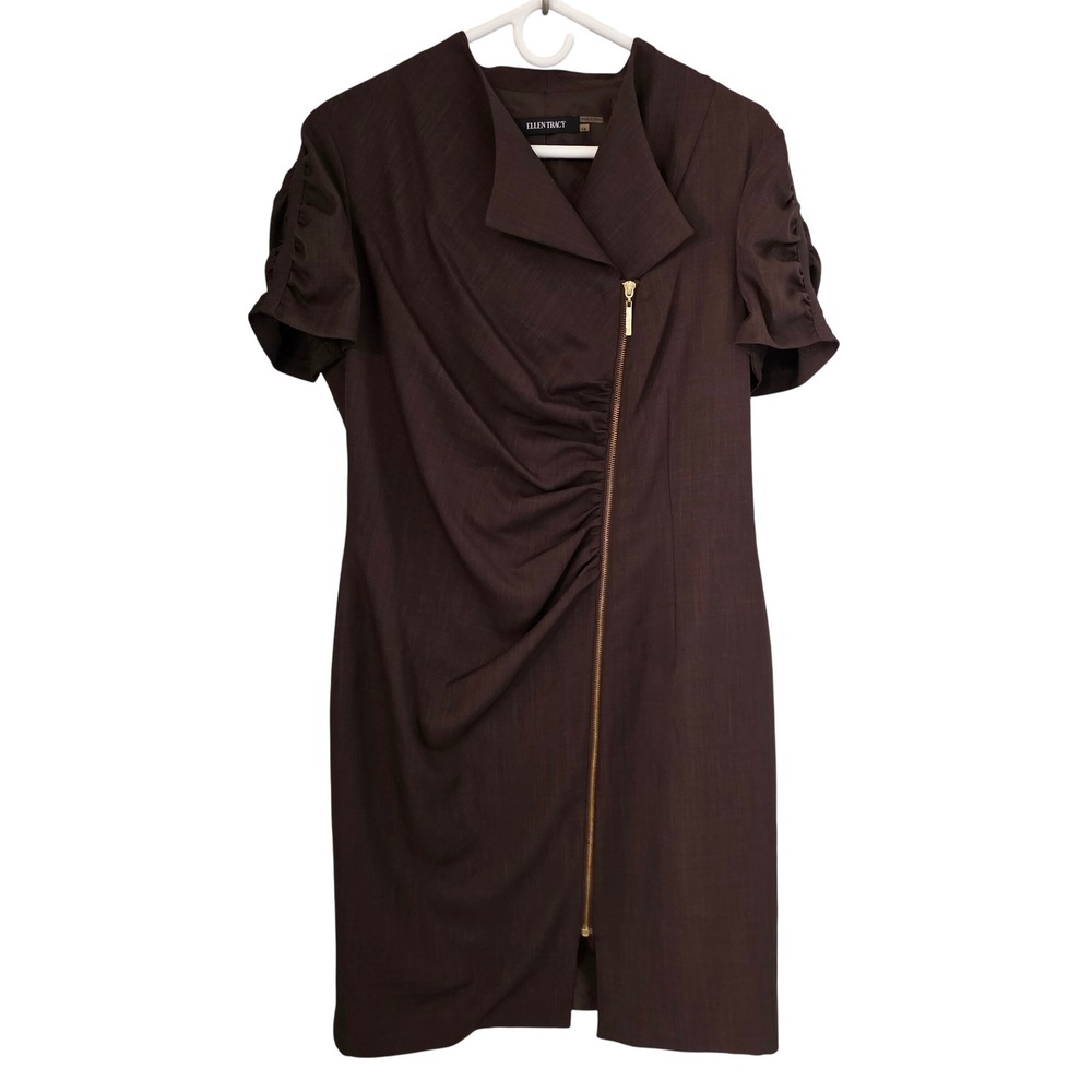 Ellen Tracy Womens‎ Brown Zipper Ruched Sheath Career Dress Size 14
